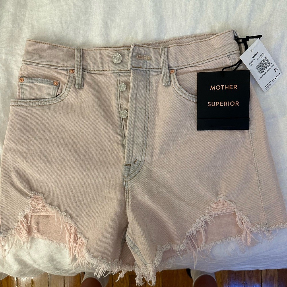 Distressed Blue/pink Mother jean shorts